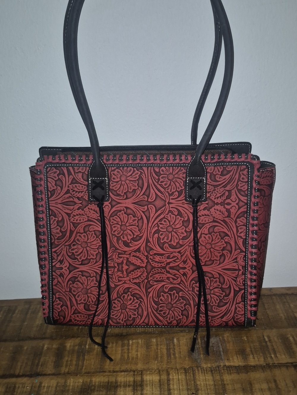 NWOT Montana West Red Floral Tooled Tote with Black Trim and Handles